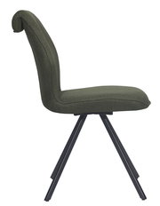 Moderner Stuhl mit grünem Stoffbezug und schwarzem Metallgestell, Seitenansicht