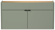 Breiter Hängeschuhschrank in grün mit Holzoberfläche, frontale Ansicht