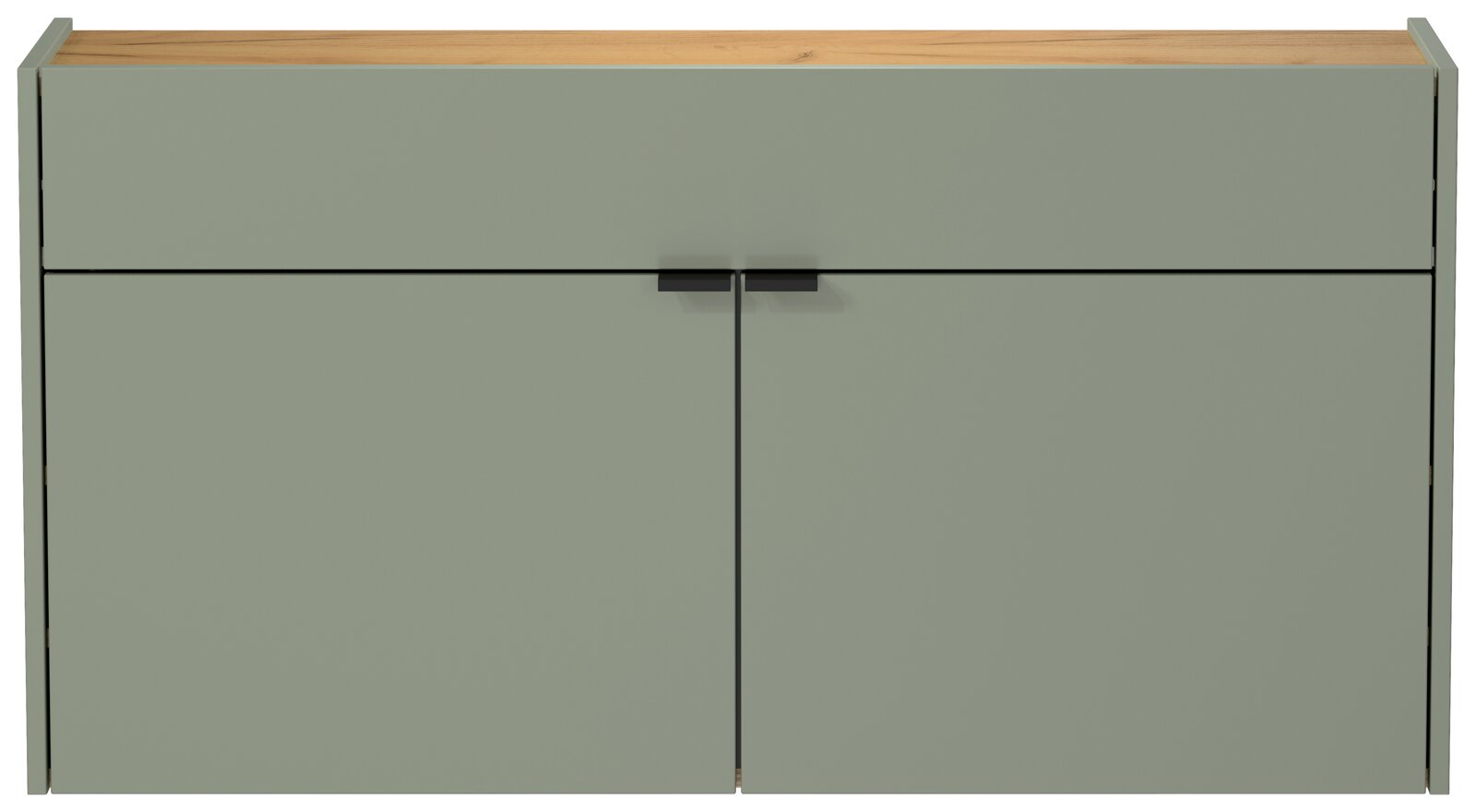 Breiter Hängeschuhschrank in grün mit Holzoberfläche, frontale Ansicht