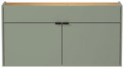 Breiter Hängeschuhschrank in grün mit Holzoberfläche, frontale Ansicht