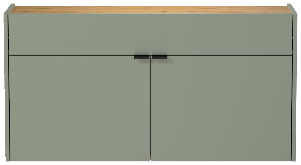 Breiter Hängeschuhschrank in grün mit Holzoberfläche, frontale Ansicht
