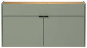 Breiter Hängeschuhschrank in grün mit Holzoberfläche, frontale Ansicht