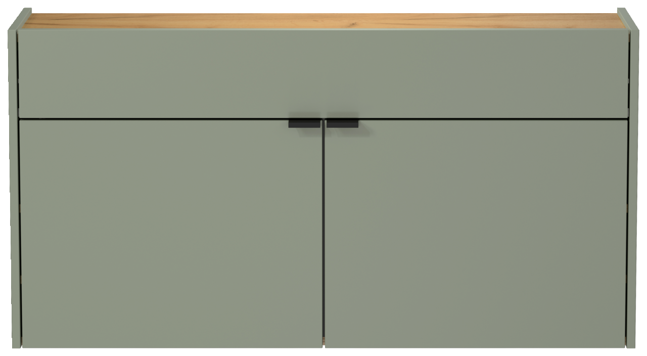 Breiter Hängeschuhschrank in grün mit Holzoberfläche, frontale Ansicht
