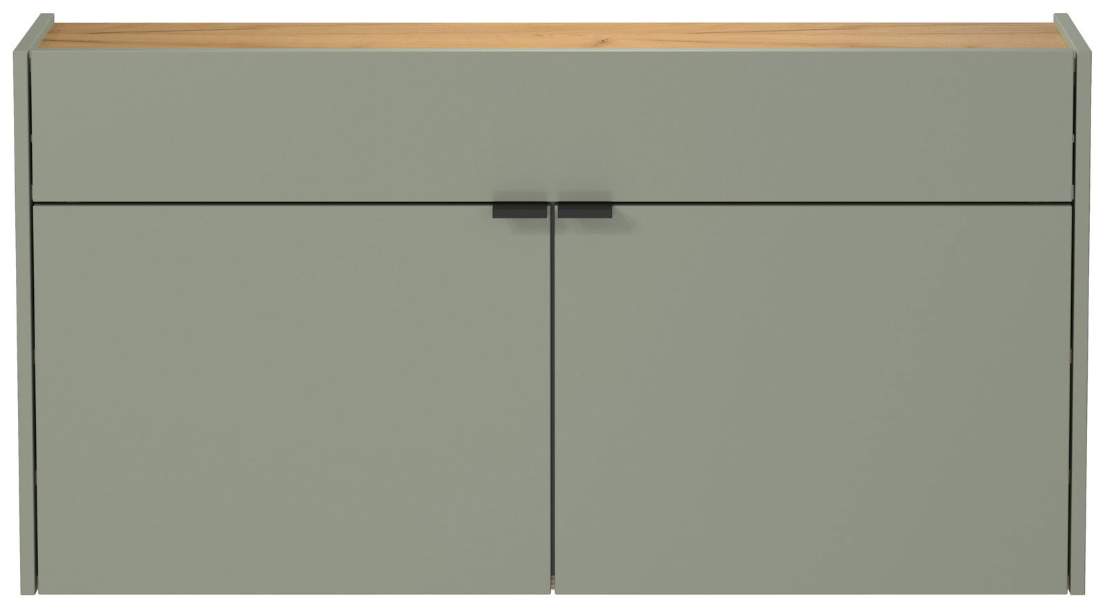 Breiter Hängeschuhschrank in grün mit Holzoberfläche, frontale Ansicht