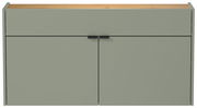 Breiter Hängeschuhschrank in grün mit Holzoberfläche, frontale Ansicht
