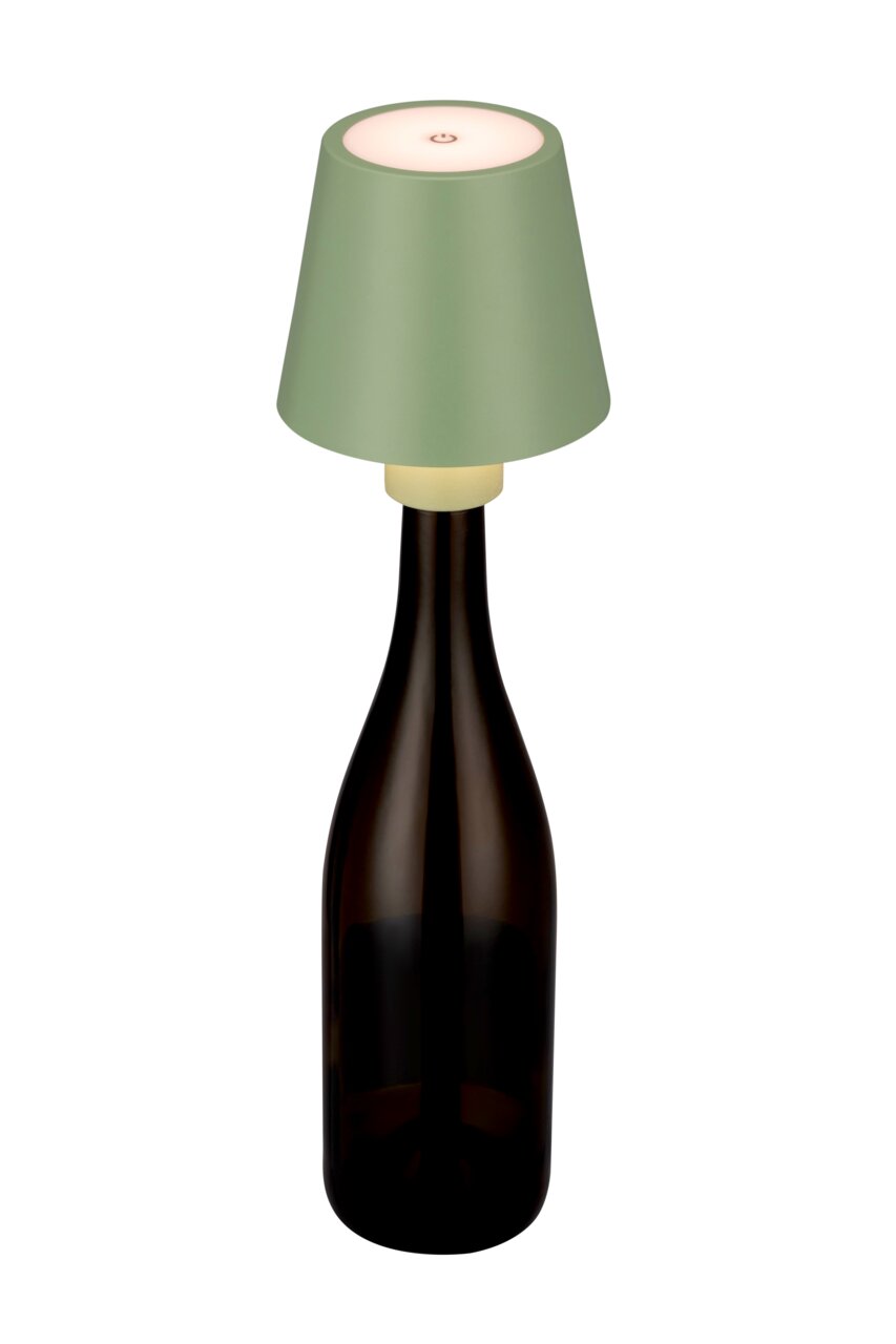 Akku-Tischleuchte auf einer Flasche, seitliche Perspektive