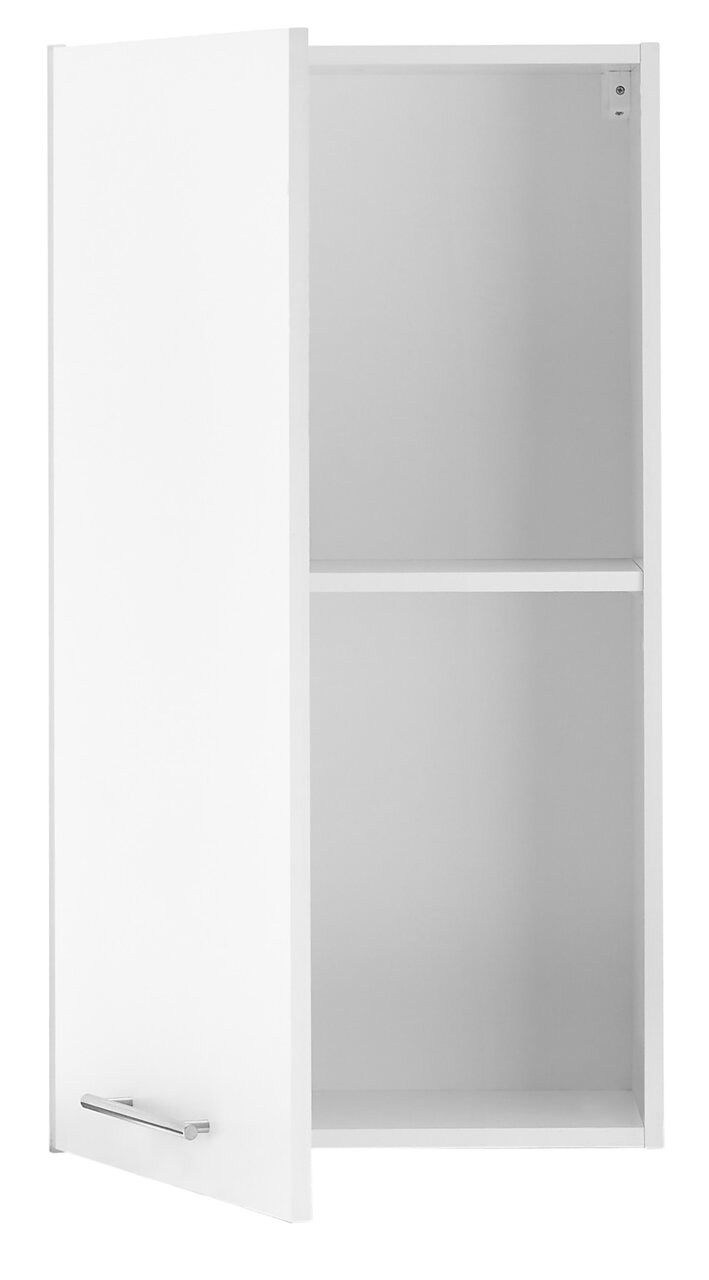 Weißer Hängeschrank mit einer offenen Tür, seitliche Perspektive