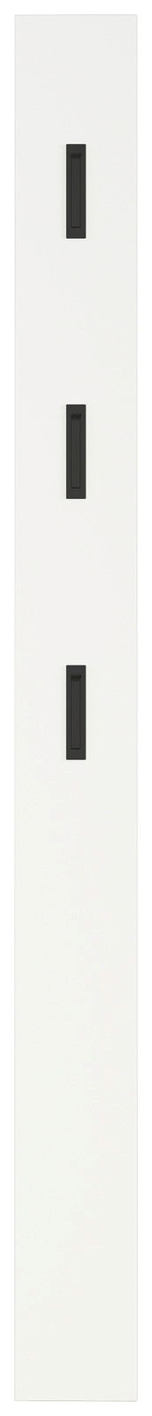 Weißes Garderobenpaneel mit drei schwarzen Haken, frontale Ansicht