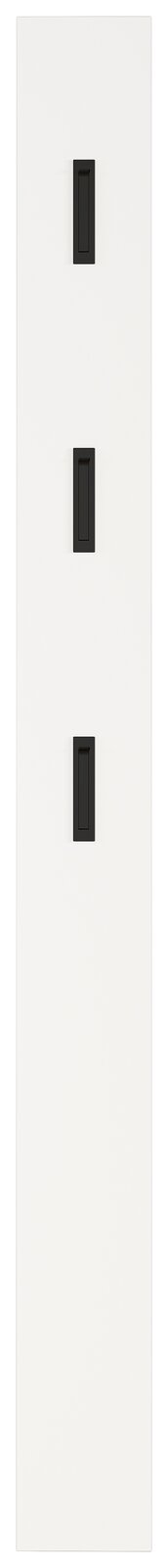 Weißes Garderobenpaneel mit drei schwarzen Haken, frontale Ansicht