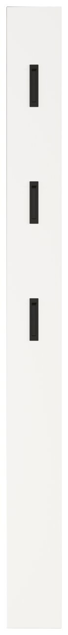 Weißes Garderobenpaneel mit drei schwarzen Haken, frontale Ansicht