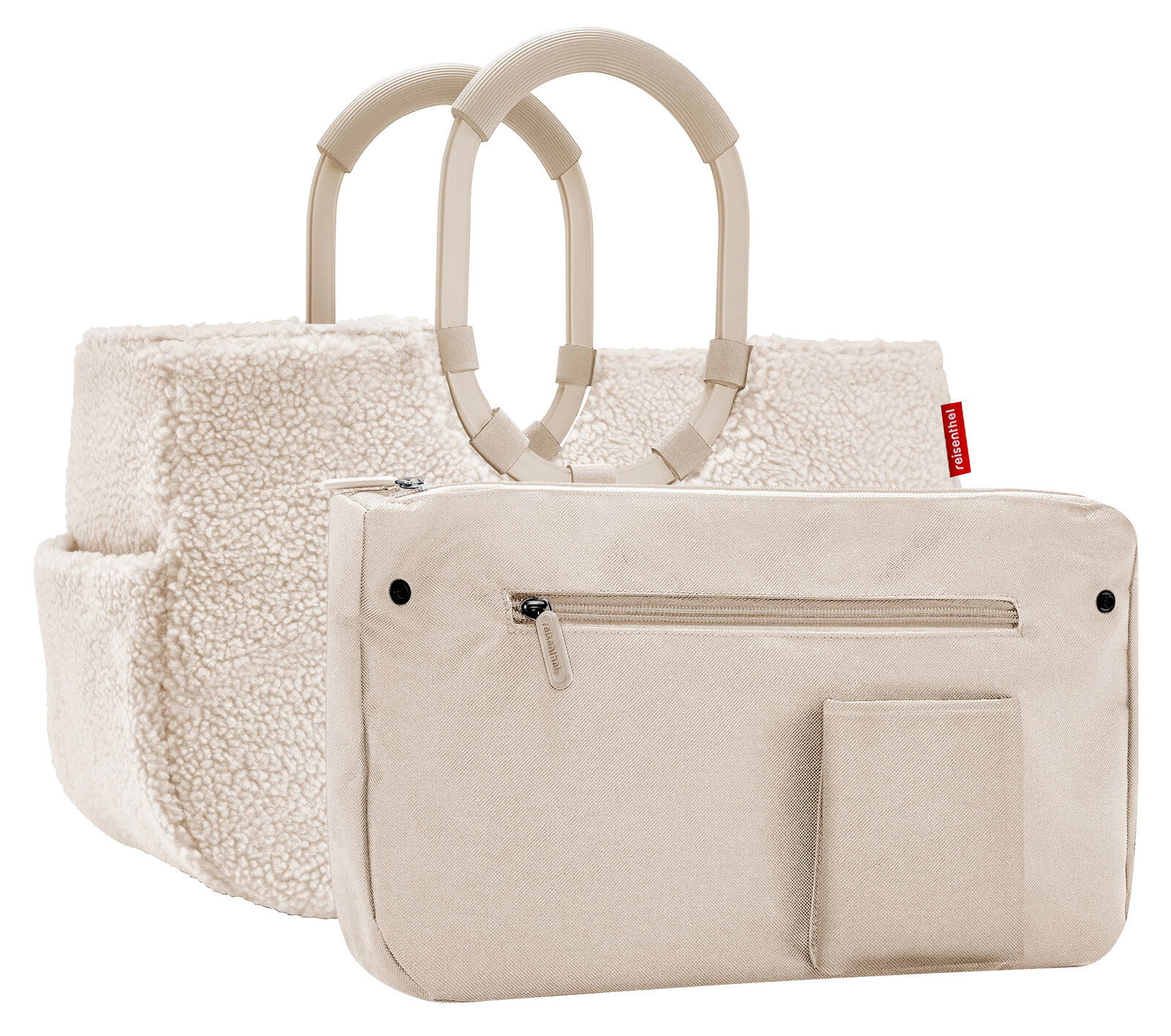 Beige Einkaufstasche mit weichem, flauschigem Material und stabilen Griffen, Vorderansicht.