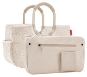 Beige Einkaufstasche mit weichem, flauschigem Material und stabilen Griffen, Vorderansicht.