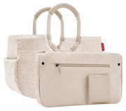 Beige Einkaufstasche mit weichem, flauschigem Material und stabilen Griffen, Vorderansicht.