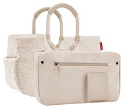 Beige Einkaufstasche mit weichem, flauschigem Material und stabilen Griffen, Vorderansicht.