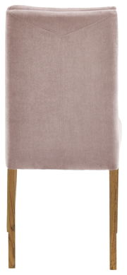 Rückansicht eines Cantus Stuhls NAOMI mit hellbraunem Stoffbezug und Holzbeinen