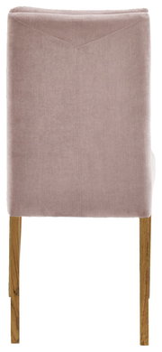 Rückansicht eines Cantus Stuhls NAOMI mit hellbraunem Stoffbezug und Holzbeinen