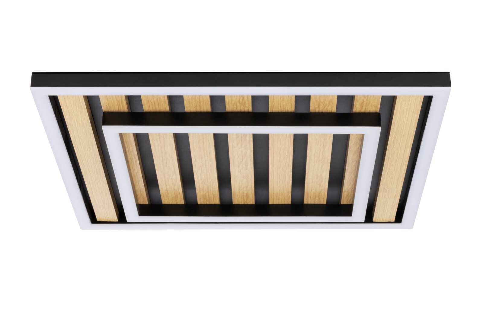 Moderne rechteckige Deckenleuchte/LED-Panel mit Holzlamellen und schwarzem Rahmen, Ansicht von unten (Untersicht) freigestellt auf weißem Hintergrund