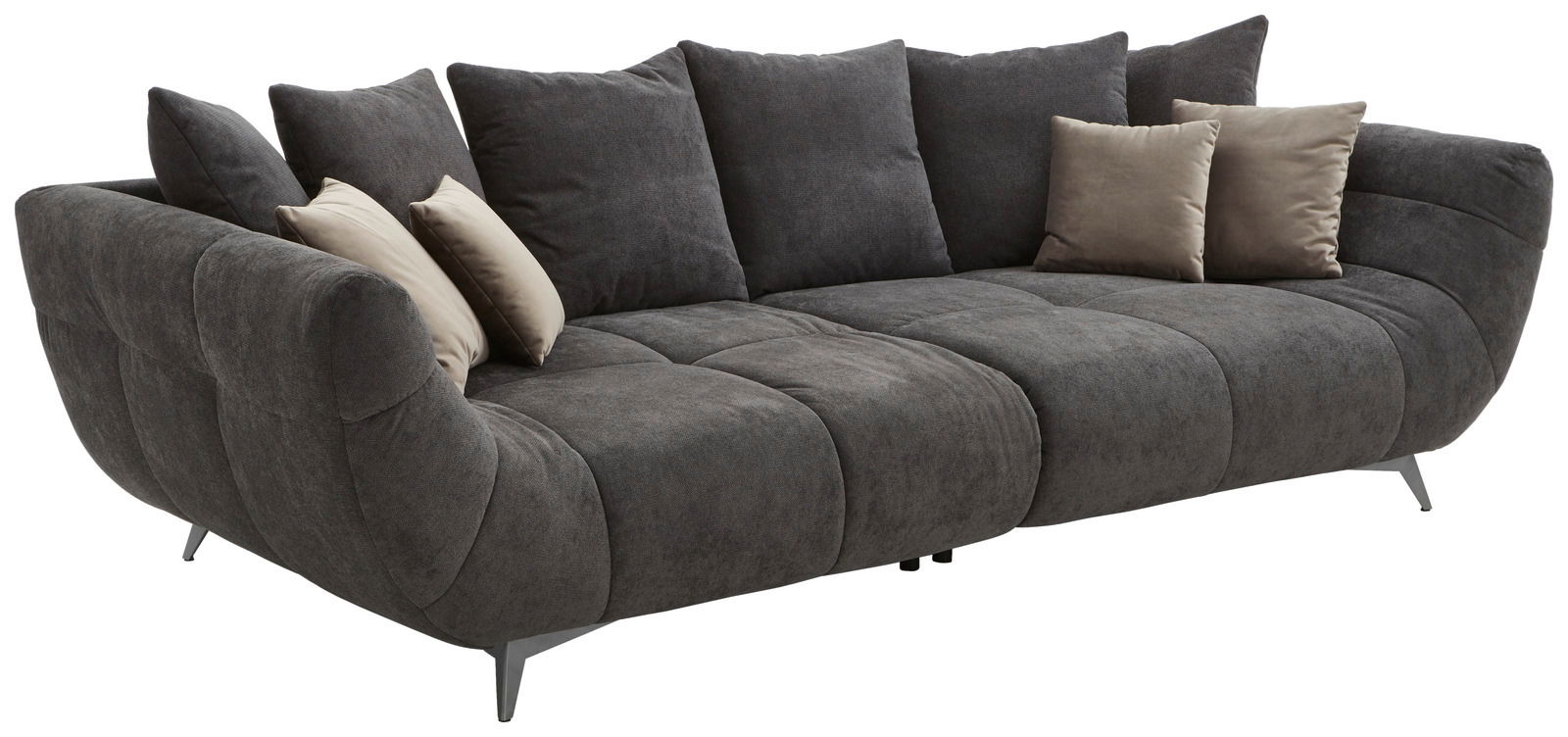 Hom´in Big Sofa FELLINI II. Großes, modernes Sofa in Dunkelgrau mit mehreren Kissen, seitliche Perspektive