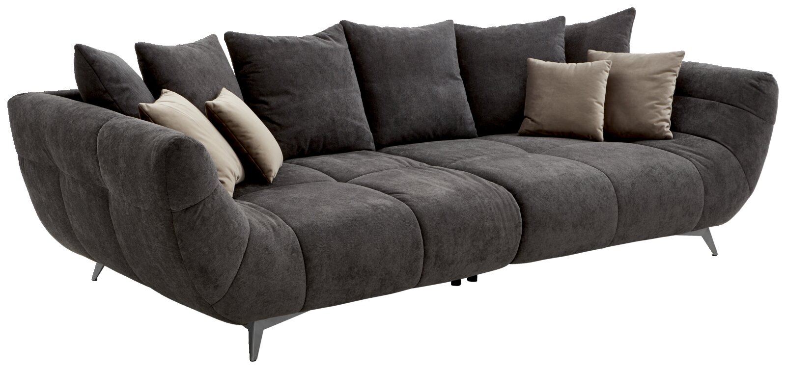 Großes, modernes Sofa in Dunkelgrau mit mehreren Kissen, seitliche Perspektive
