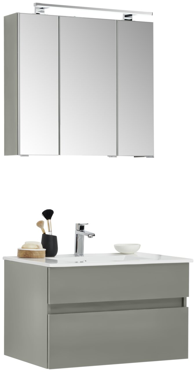Moderner Badblock mit Spiegelschrank und Waschbecken, Frontansicht