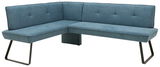 Eckbank in blauer Stoffpolsterung mit schwarzem Metallgestell, seitliche Perspektive