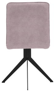 Rückansicht eines modernen Stuhls mit gepolsterter Rückenlehne in Rosa und schwarzem Metallgestell.