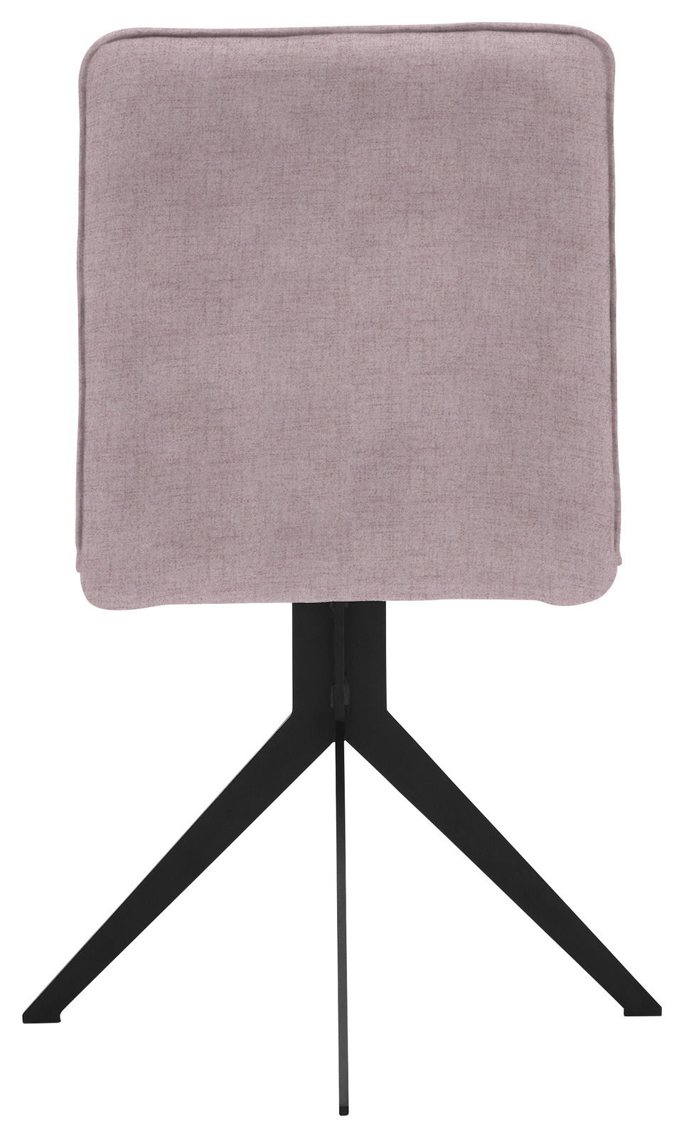 Rückansicht eines modernen Stuhls mit gepolsterter Rückenlehne in Rosa und schwarzem Metallgestell.
