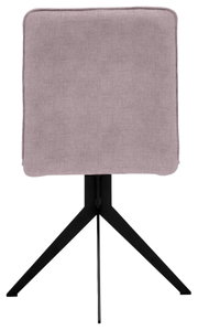 Rückansicht eines modernen Stuhls mit gepolsterter Rückenlehne in Rosa und schwarzem Metallgestell.