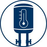 Symbol eines Wassererhitzers mit Thermometer, frontal betrachtet.