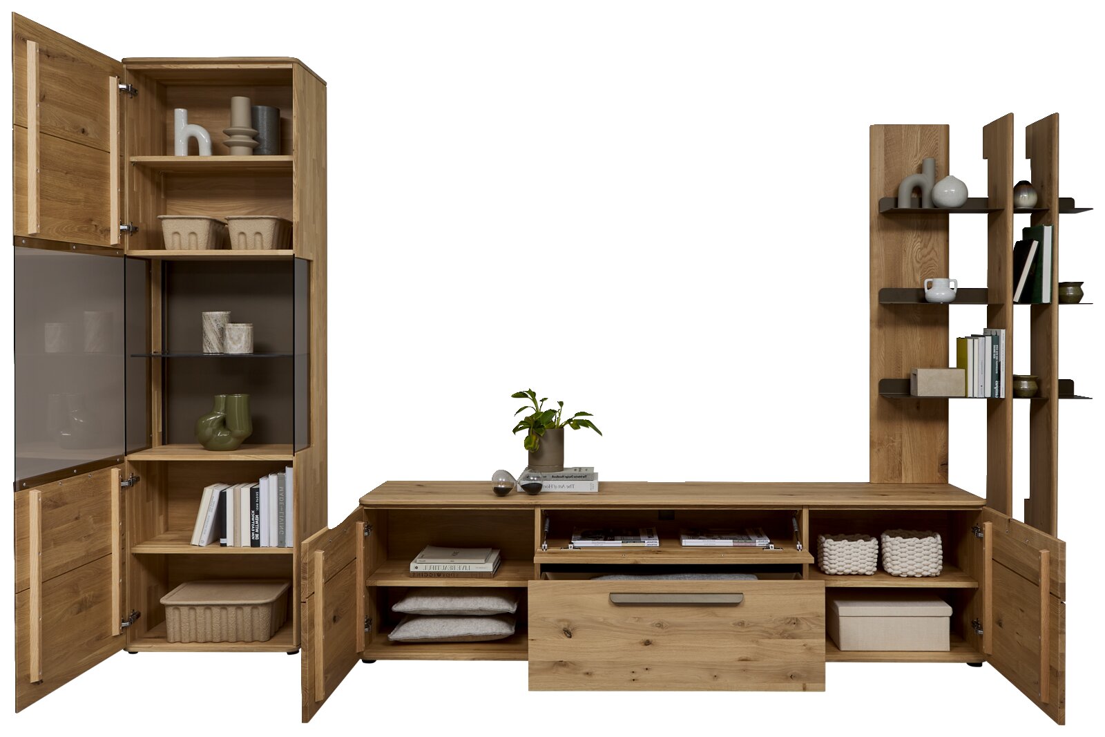 Wohnwand/Sideboard-Kombination aus Eichenholz mit Vitrine und offenen Regalen, Türen und Schublade geöffnet, Frontansicht
