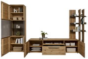 Wohnwand/Sideboard-Kombination aus Eichenholz mit Vitrine und offenen Regalen, Türen und Schublade geöffnet, Frontansicht
