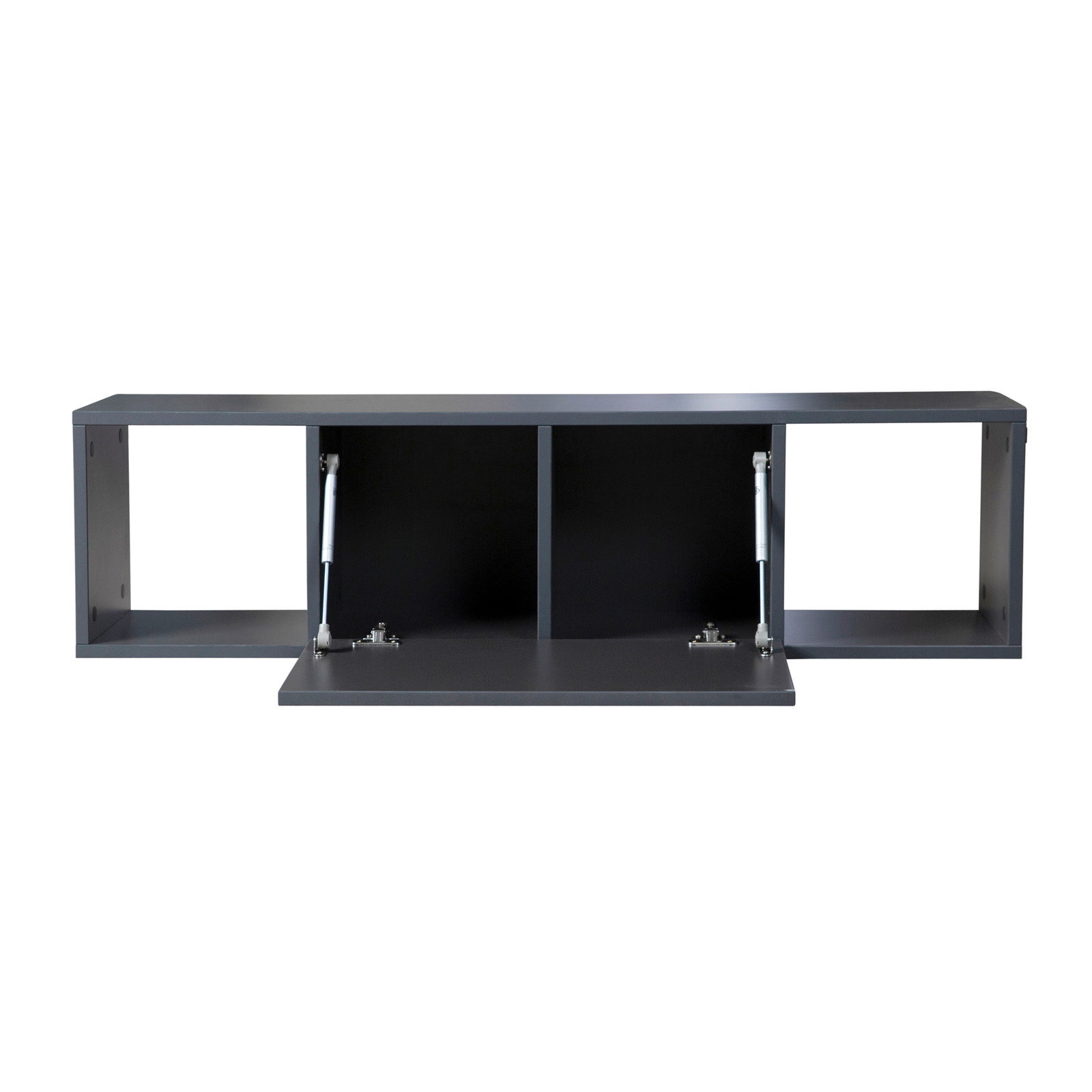 Frontale Ansicht einer modernen, schwarzen Sitzbank oder Regalvitrine mit offenen Fächern und Klapptüren.