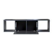 Frontale Ansicht einer modernen, schwarzen Sitzbank oder Regalvitrine mit offenen Fächern und Klapptüren.