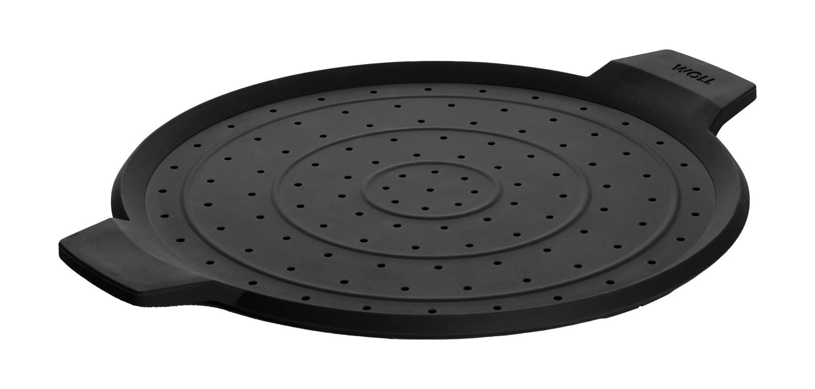 Woll Spritzschutz Ø 24 cm SILICONE Schwarzer Spritzschutz mit einem Durchmesser von 24 cm, aus der Vogelperspektive fotografiert, mit kleinen Löchern und zwei Griffen.