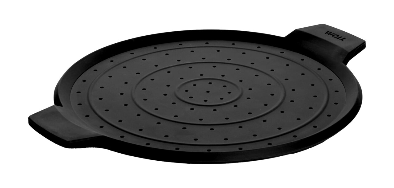 Woll Spritzschutz Ø 24 cm SILICONE Schwarzer Spritzschutz mit einem Durchmesser von 24 cm, aus der Vogelperspektive fotografiert, mit kleinen Löchern und zwei Griffen.