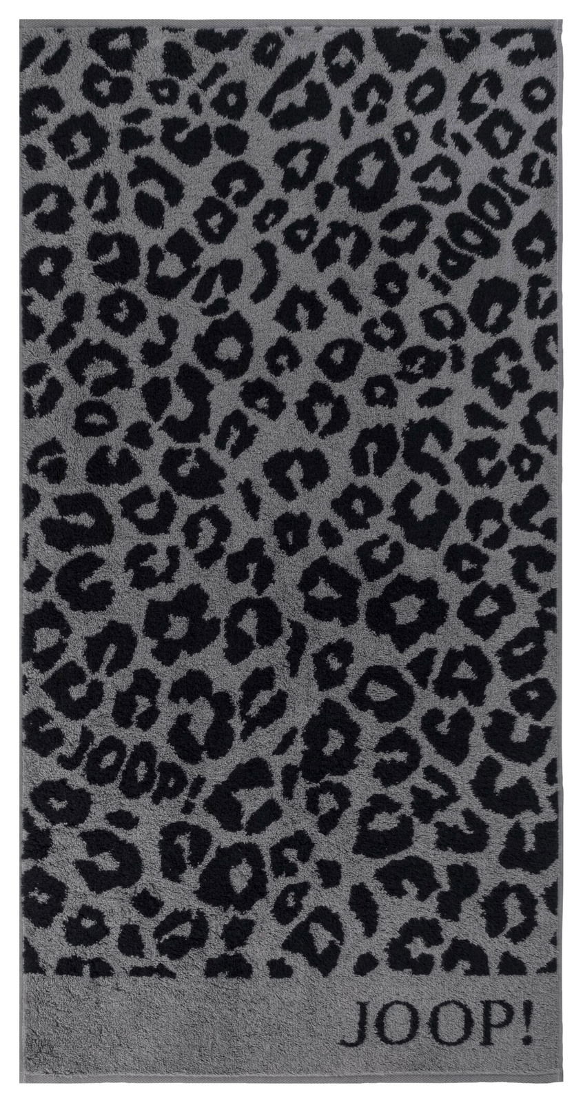 Graues Handtuch mit schwarzem Leopardenmuster und JOOP!-Logo, Draufsicht