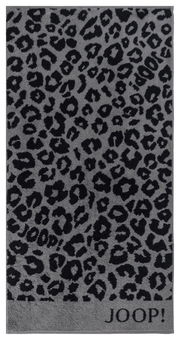 Graues Handtuch mit schwarzem Leopardenmuster und JOOP!-Logo, Draufsicht