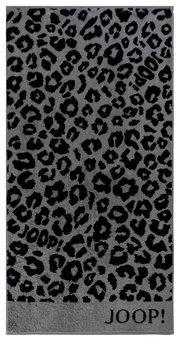 Graues Handtuch mit schwarzem Leopardenmuster und JOOP!-Logo, Draufsicht