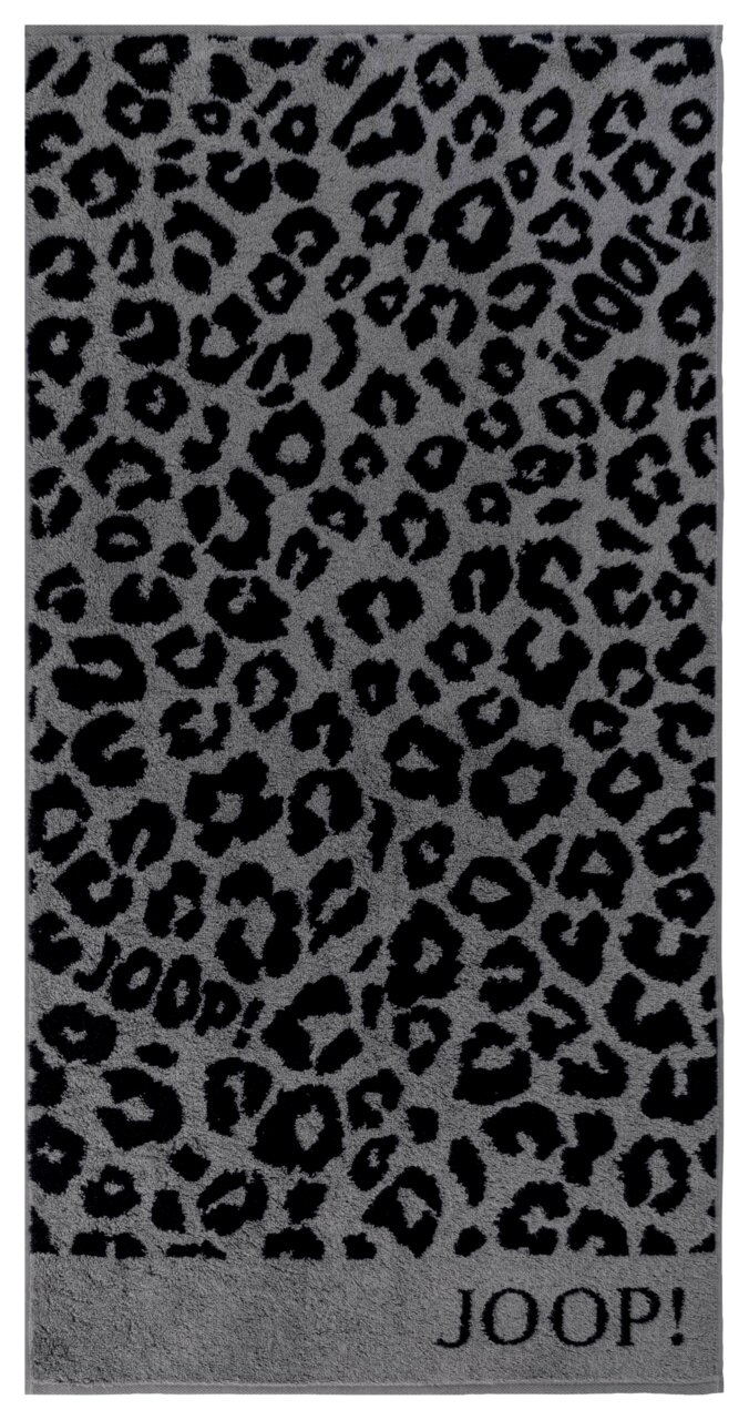 Graues Handtuch mit schwarzem Leopardenmuster und JOOP!-Logo, Draufsicht