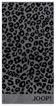 Graues Handtuch mit schwarzem Leopardenmuster und JOOP!-Logo, Draufsicht