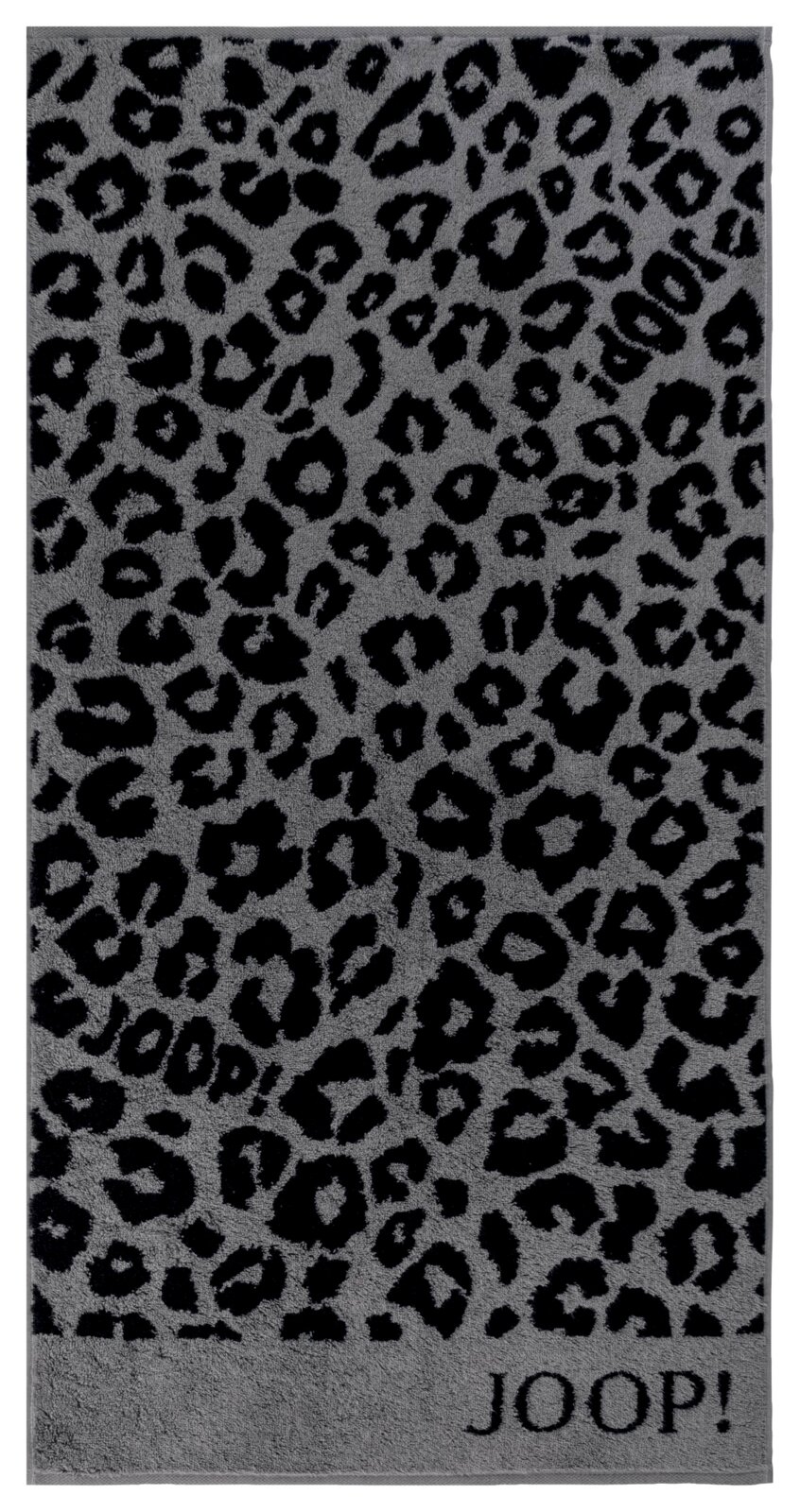 Graues Handtuch mit schwarzem Leopardenmuster und JOOP!-Logo, Draufsicht