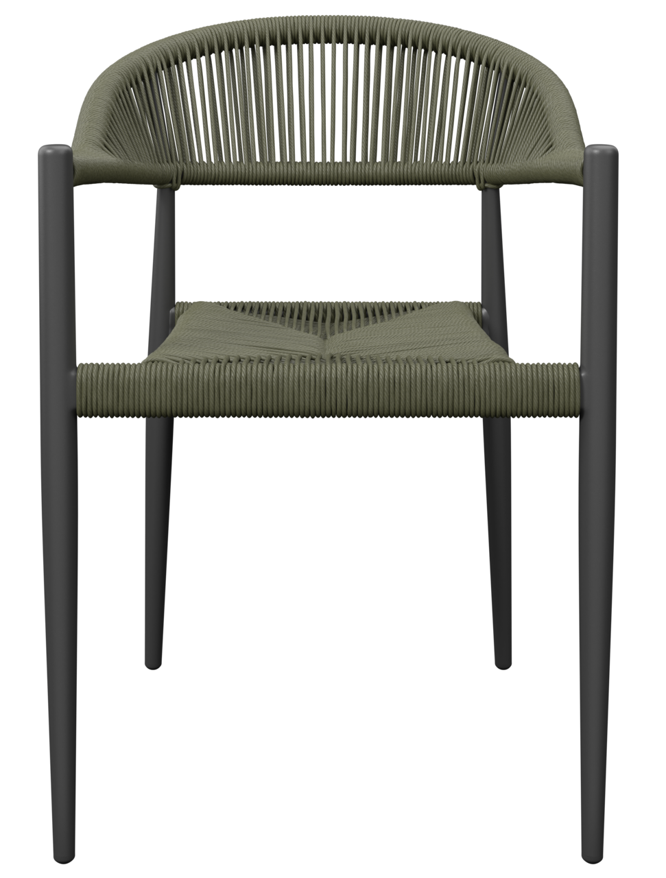 Moderner Stapelsessel mit geflochtenem Sitz und Rückenlehne, Vorderansicht