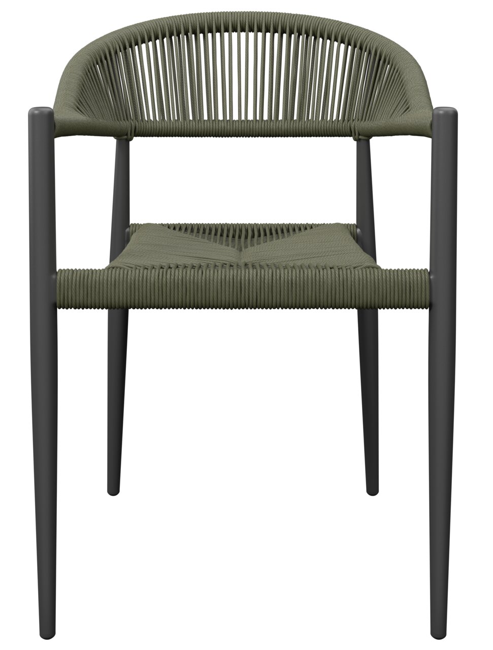 Moderner Stapelsessel mit geflochtenem Sitz und Rückenlehne, Vorderansicht