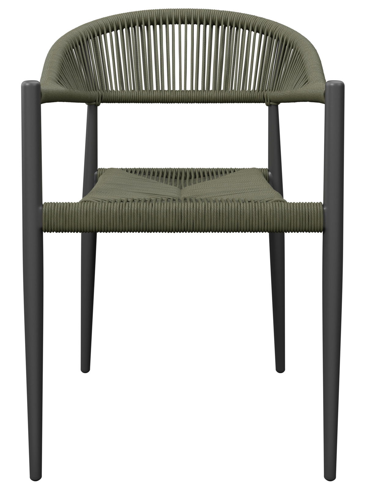 Moderner Stapelsessel mit geflochtenem Sitz und Rückenlehne, Vorderansicht