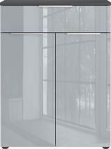 Moderne Kommode mit glänzender Oberfläche und zwei Schubladen, frontal abgebildet vor einem Fenster.