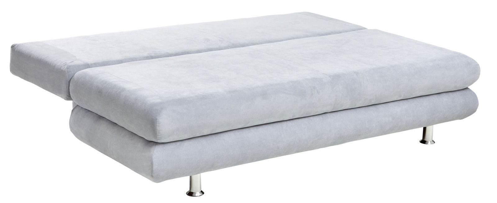 Graues Funktionssofa in seitlicher Perspektive mit verchromten Beinen