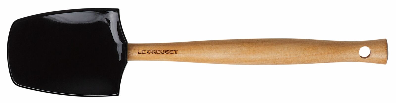 Großer Kochlöffel mit schwarzem Kopf und Holzgriff, seitliche Ansicht