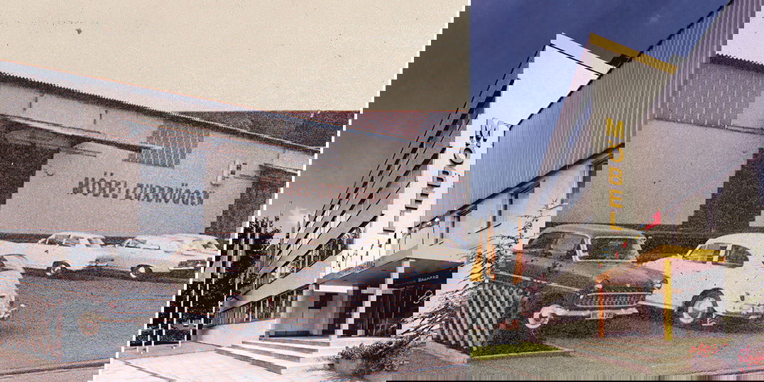 Zweiteiliges Bild. Links eine historische Lagerhalle mit der Aufschrift 