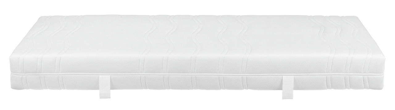 Komfortschaummatratze H2 in Seitenansicht mit wellenförmigem Muster und Tragegriffen.