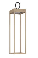 Moderne Akku-Tischleuchte von Dieter Knoll in rechteckiger Form mit offenem Design und schwarzem Griff, seitliche Perspektive